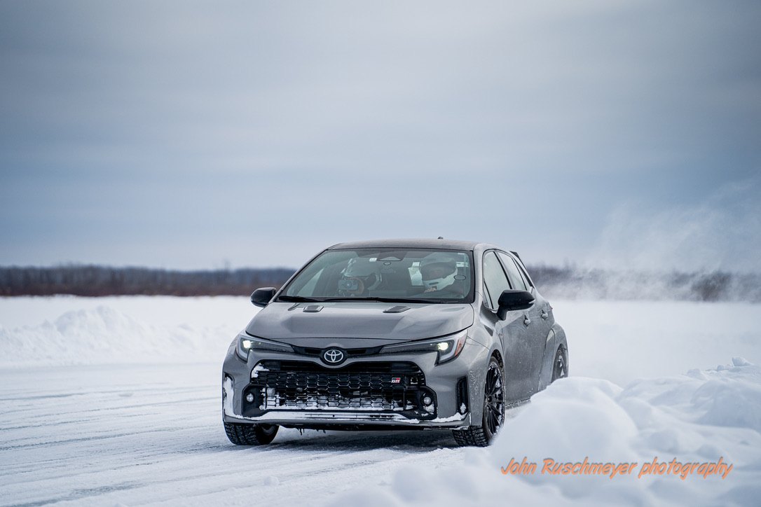 Daniel's 2023 GR Corolla ice racing on a snow-banked track